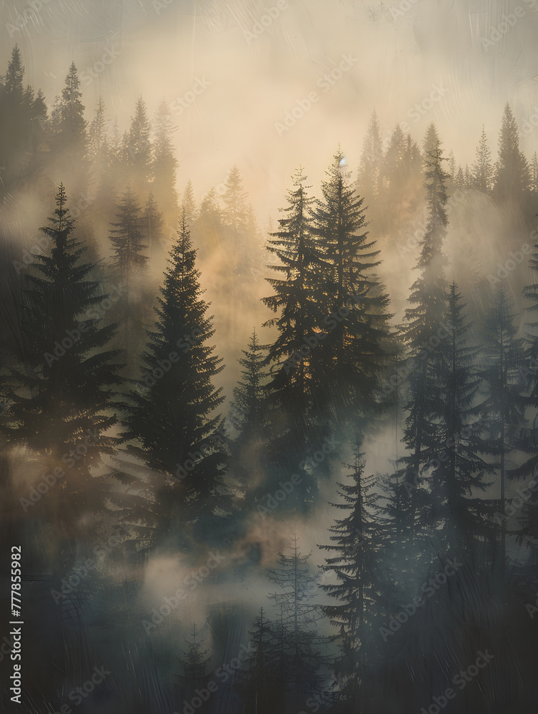 A dense forest with a foggy atmosphere. The trees are tall and spread out, creating a sense of depth and mystery. The fog adds an ethereal quality to the scene, making it feel almost otherworldly A dense forest with a foggy atmosphere. The trees are tall and spread out, creating a sense of depth and mystery. The fog adds an ethereal quality to the scene, making it feel almost otherworldly