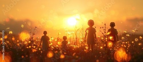 Tranquil D Clay Sunset Children Playing in an Idyllic Meadow as the Day Ends