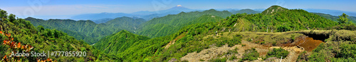 丹沢山地の不動ノ峰からのパノラマ　緑の山地と富士山
