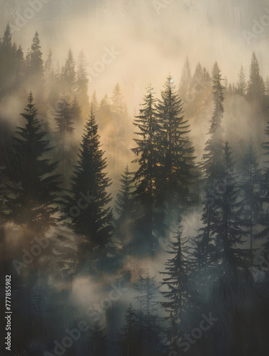 A dense forest with a foggy atmosphere. The trees are tall and spread out, creating a sense of depth and mystery. The fog adds an ethereal quality to the scene, making it feel almost otherworldly