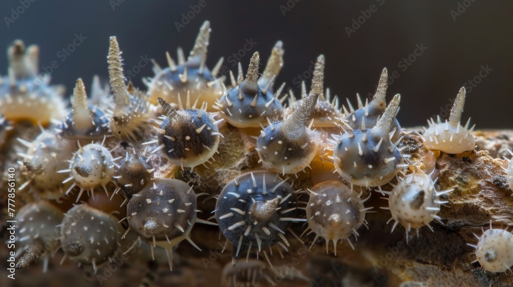 A group of small spiky eggs tightly attached to a section of tissue. The eggs are a mix of dark and light colors giving them an eerie A group of small spiky eggs tightly attached to a section of tissue. The eggs are a mix of dark and light colors giving them an eerie