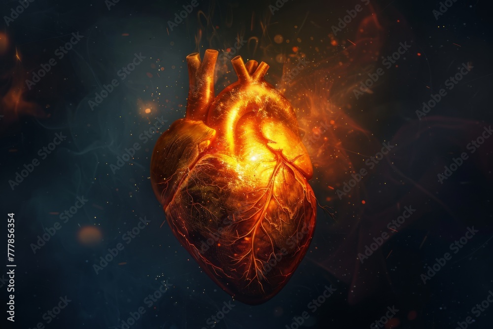 Illuminated human heart on dark background - A stunning digital illustration of a human heart glowing against a dark backdrop, representing life and vitality, life, vitality, health, human body, medic