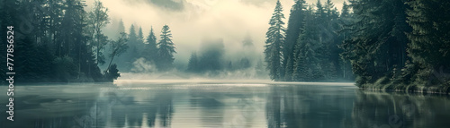 A forest with a lake in the background. The water is calm and the sky is cloudy photo