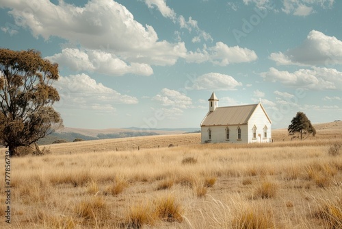 Serene landscape with a standalone church - A lone white church stands in a serene, golden field under a clear blue sky, epitomizing tranquility