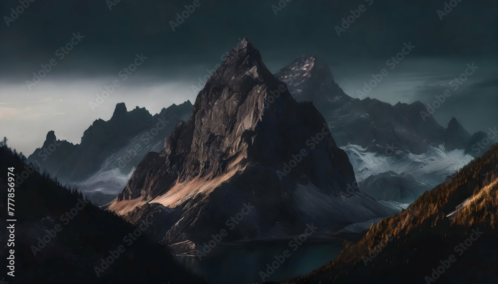 Rocky Mountain Peak Transparent background, surreal, dark, mysterious, fantastic on digital art concept, Generative AI.