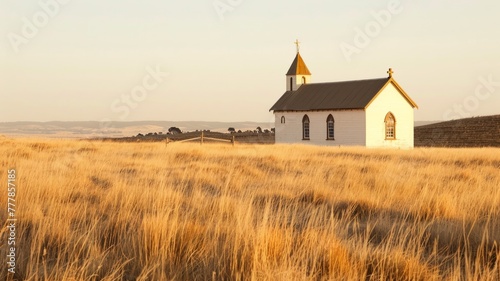 Golden hour light on a church in vast fields - The setting sun casts a warm light on a church amongst expansive wheat fields against a clear sky