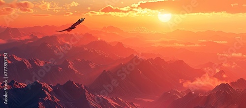 D Clay Sunset with Majestic Soaring Eagle in Flight