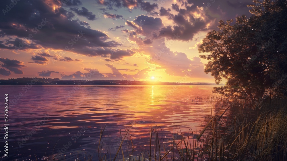 Sunset over a tranquil lake with gentle ripples - A captivating sunset over a peaceful lake, with the gentle ripples reflecting a sky filled with fluffy clouds