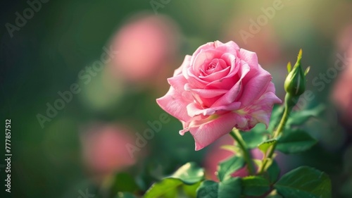 Delicate pink rose bloom in soft sunlight - A delicate pink rose with subtle sunlight filtering through  giving the image a soft  romantic  and dreamy quality