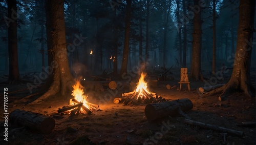 A mystical bonfire in an ancient forest clearing, surrounded by mysterious symbols and flickering shadows Generative AI
