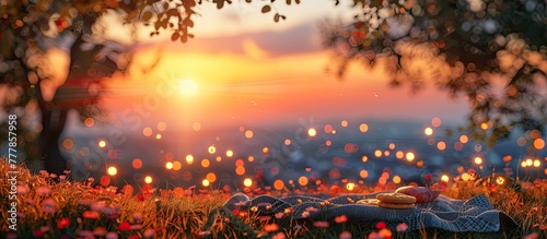 Tranquil D Clay Sunset Panorama A Peaceful Hillside Picnic Amidst Glowing Bokeh Lights