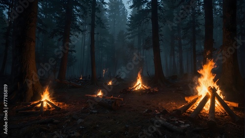 A mystical bonfire in an ancient forest clearing  surrounded by mysterious symbols and flickering shadows Generative AI