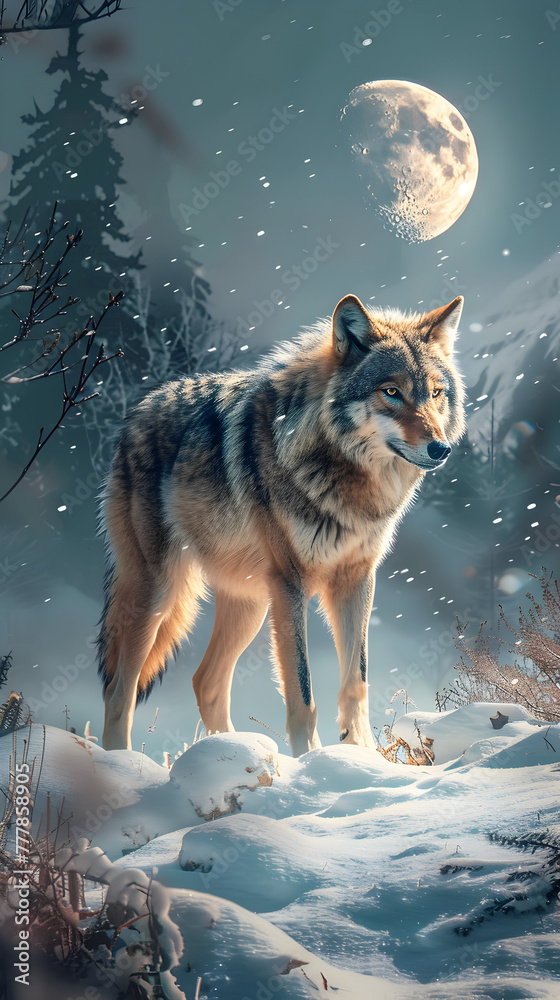 A wolf is standing in the snow with a full moon in the background. Concept of solitude and mystery, as the wolf is alone in the wilderness under the watchful gaze of the moon