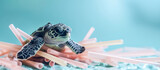 Baby Sea Turtle and Plastic Straw Pollution Garbage on Blue Background. Room for Copy Text