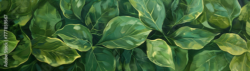 A painting of green leaves with a yellowish tint. The leaves are painted in a way that they appear to be overlapping each other. The painting has a serene and calming mood