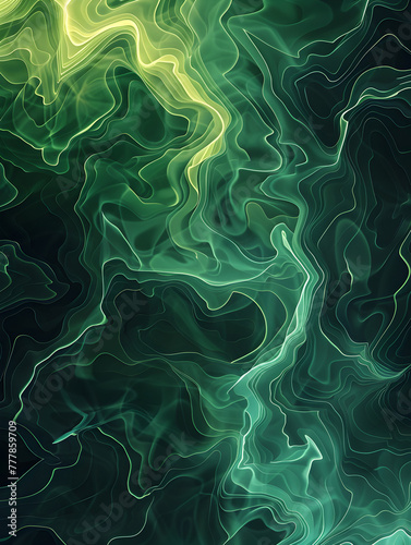 A green and yellow abstract painting with a lot of lines and swirls. The painting has a lot of green and yellow colors and it looks like it's made of smoke