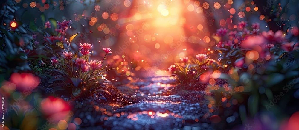 Dreamy D Clay Sunset Illumines a Colorful Garden Path - obrazy, fototapety, plakaty 