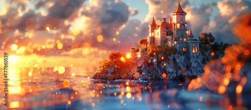 D Clay Castle Captivating Sunset Seascape with Bokeh Lights photo