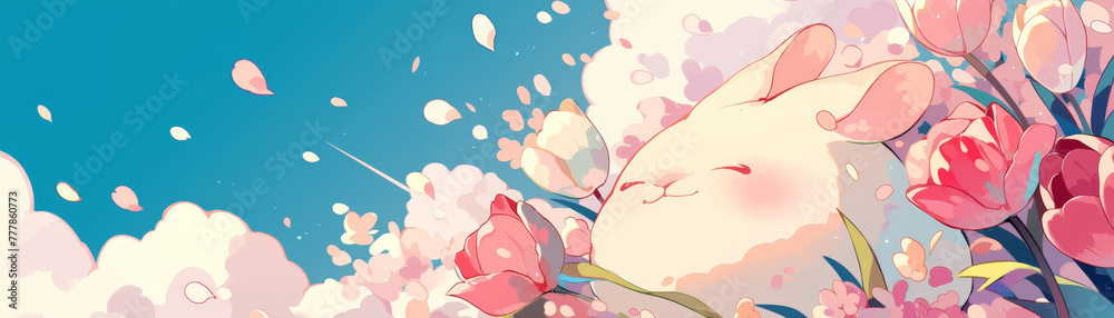 A chubby white baby rabbit's face, surrounded by fluffy clouds in pastel hues. Tulips add a touch of whimsy to the minimalistic scene, evoking a sense of innocence and charm