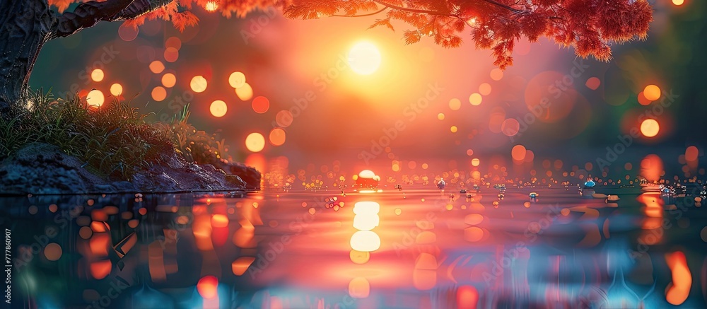 Tranquil D Clay Sunset Reflection on a Pond with Bokeh Lights