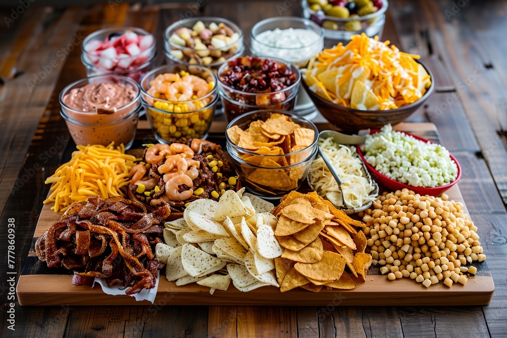 A table full of food with a variety of chips, dips, and other snacks