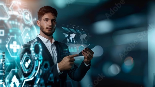 Businessman holding virtual technology interface panel