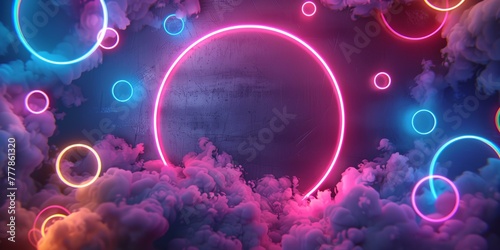 A colorful, neon sky with a large circle in the middle. The circle is surrounded by many other circles, creating a sense of movement and energy. Scene is vibrant and dynamic, with the colors