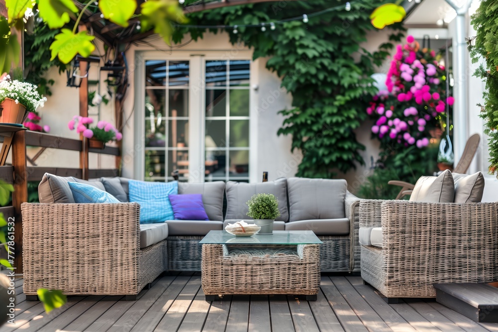 Obraz premium Modern outdoor patio, cozy terrace with furniture.