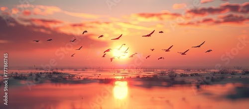 Tranquil D Clay Sunset with Soaring Birds against a Bokeh Sky © Sittichok