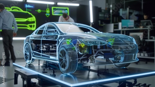 Car design engineers using holographic app technology