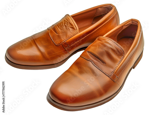 Two brown loafers with a brown leather sole, cut out - stock png. © Mr. Stocker