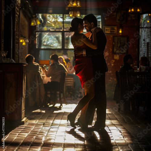 Tango Dancers Embracing in a Romantic Setting