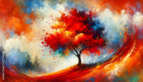 a lone tree with a cascade of leaves in vibrant hues of red  orange  and hints of yellow
