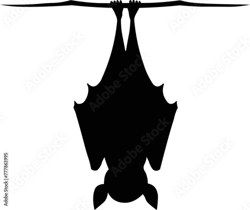 Silhouette of a bat hanging from a dry branch. Minimalist black illustration for halloween