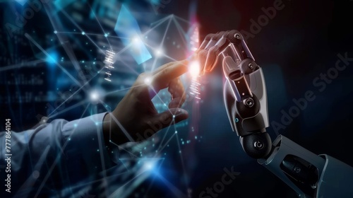 robot and human hand touching on network connection