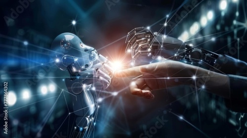 robot and human hand touching on network connection