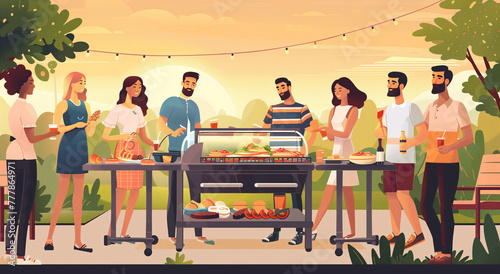 An illustration of a group of friends enjoying a party or barbecue in the countryside or garden in summer. Meeting of friends, celebrations, party.