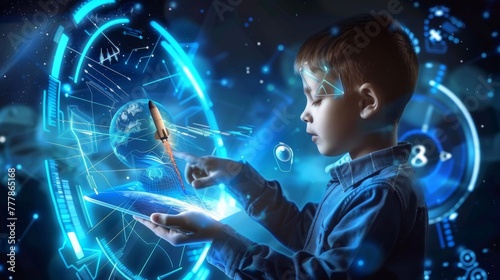 boy using digital tablet with blue hud rocket launch virtual dashboard overlay