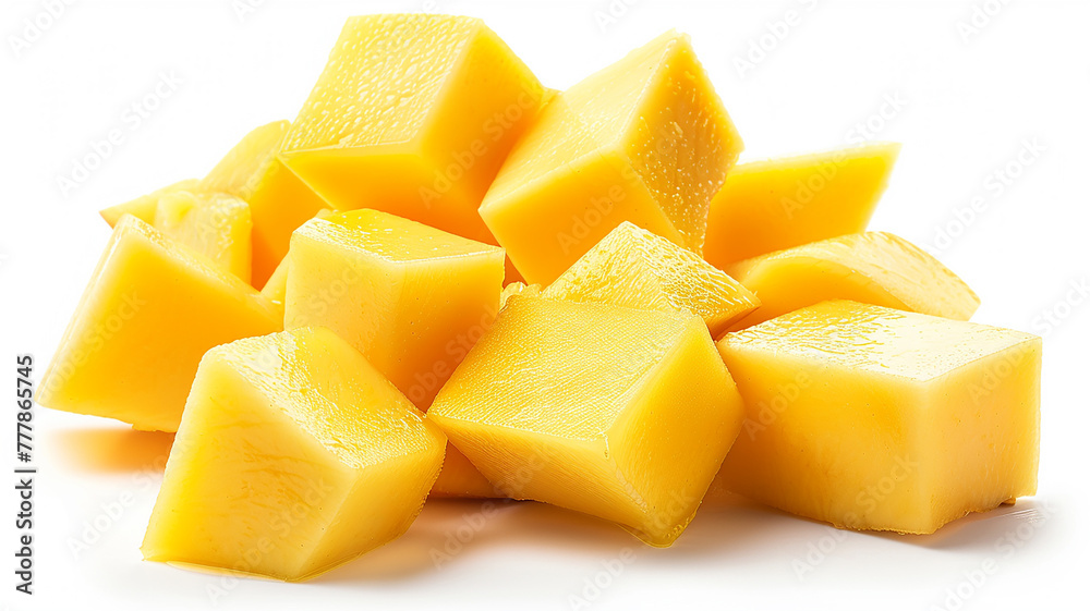 slices of cheese on a plate mango cubes on a white background slices of cheese on a plate mango cubes on a white background