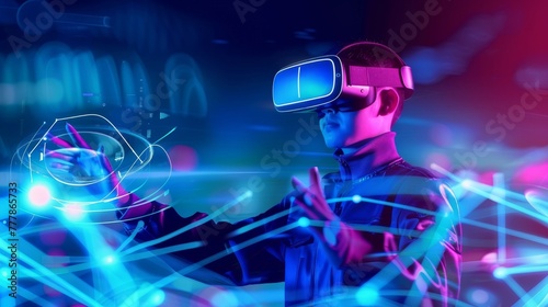 man with virtual reality VR goggle interact with virtual interface panel