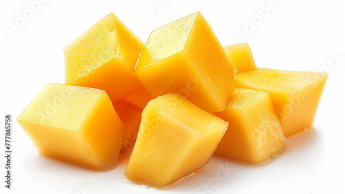 slices of cheese on a plate mango cubes on a white background photo