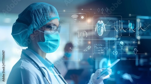 Medical technology, doctor use AI technology with virtual panel dashboard