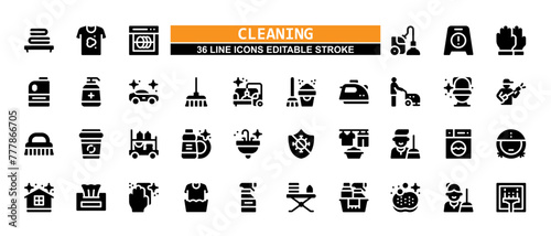 36 Cleaning Line Icons Set Pack Editable Stroke Vector Illustration.	