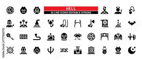 36 Hell Line Icons Set Pack Editable Stroke Vector Illustration.	