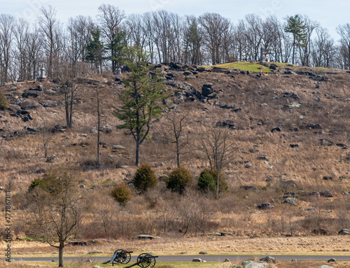 Cannons in the Plum Run valley below Little Round Top in the Gettysburg National Military Park on a sunny winter day