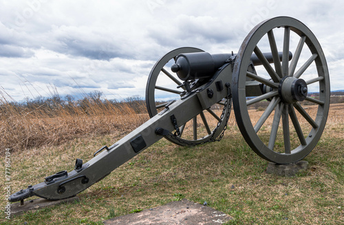 A civil war cannon in the Gettysburg National Military Park on in overcast winter day