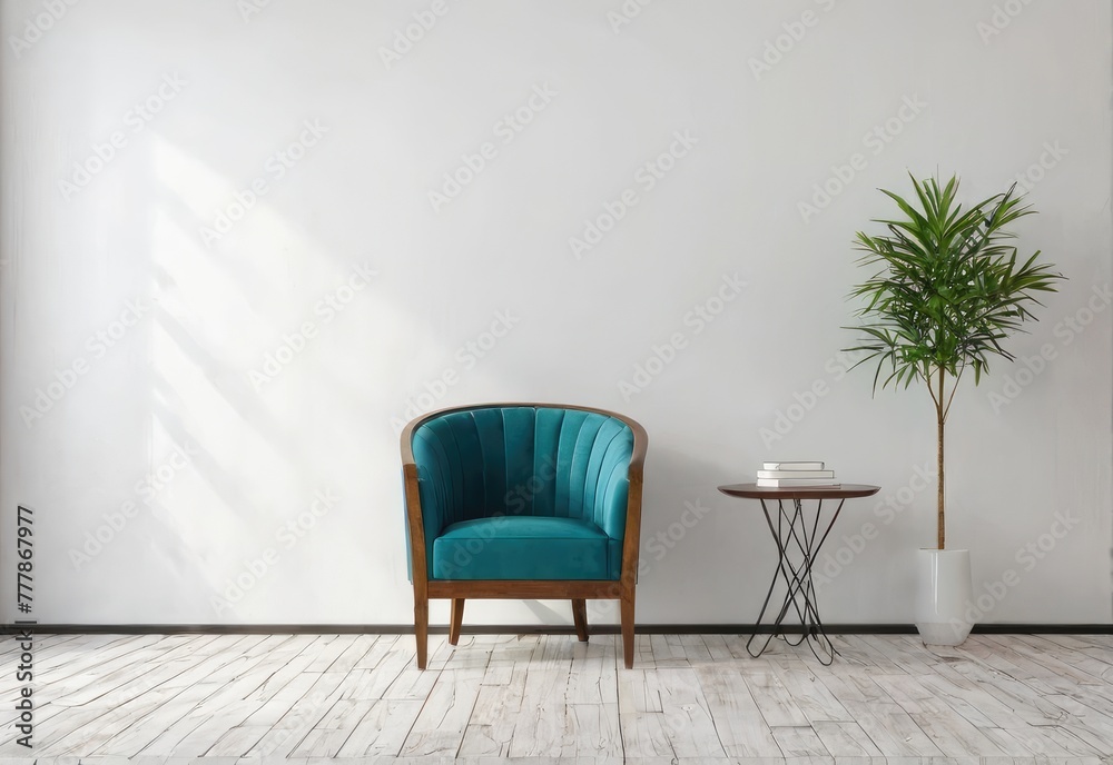 The interior has a armchair on empty white wall background - obrazy, fototapety, plakaty 