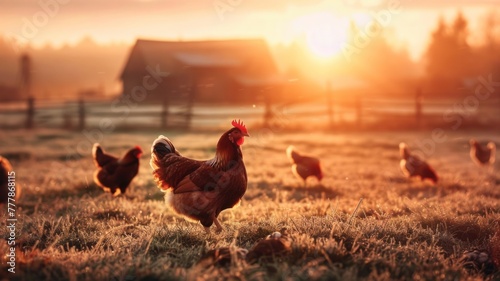 Rooster leading hens at sunrise in a farm - A majestic rooster leads his flock in the warmth of sunrise, depicting rural farm life in an idyllic setting