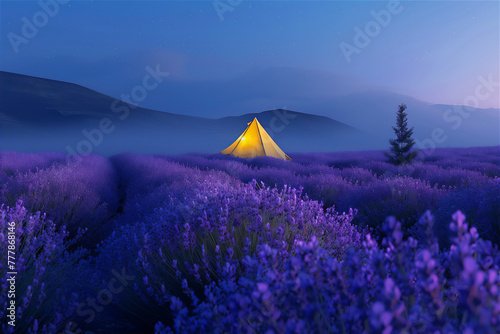 Yellow camping tent in Lavender flowers plantation field farm in misty night