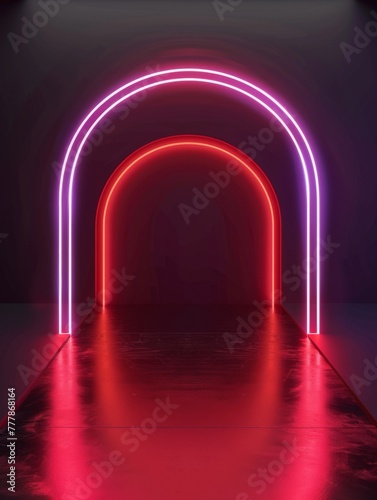 Neon archway in a minimalist futuristic setting - A minimalist yet striking image of a neon-lit archway that casts a vivid glow in a futuristic setting